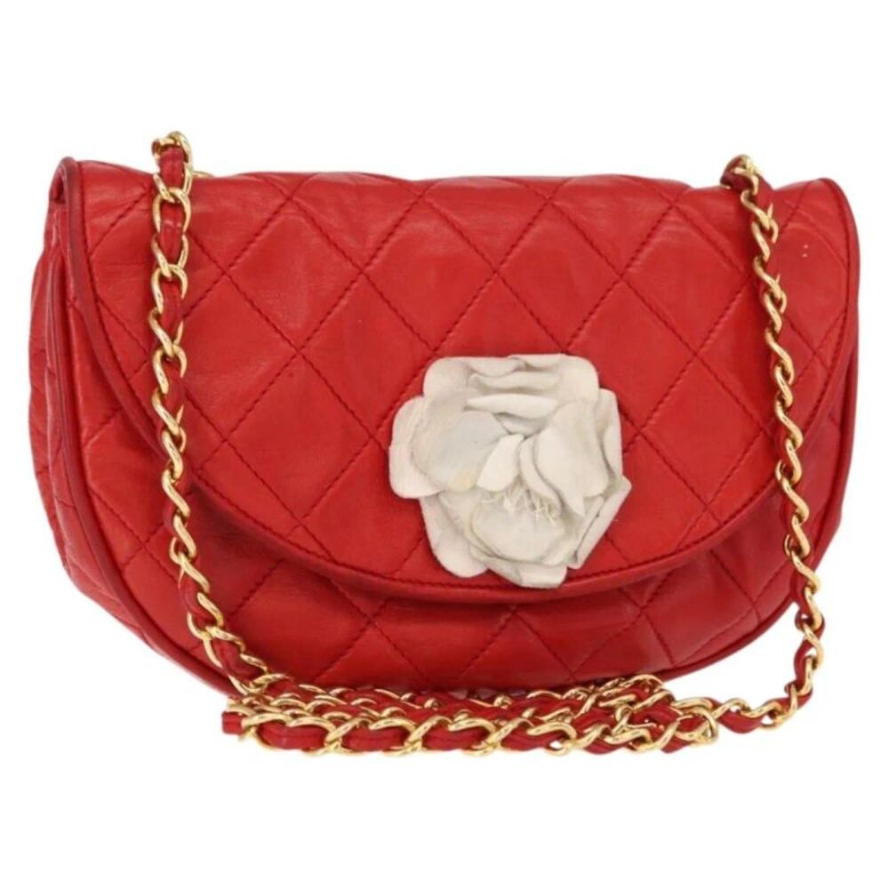 Chanel Camellia Rounded Clutch Satin And Leather Red Leather Shoulder Bag Bag